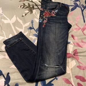 Rose embroidered distressed ankle jeans